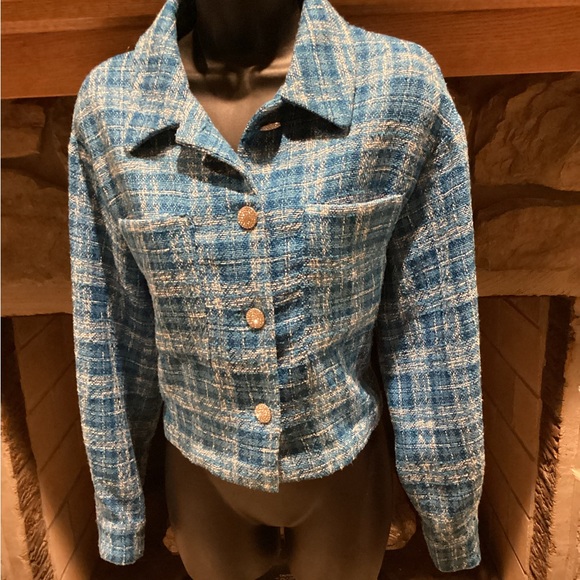 ZARA BLUE TWEED CROPPED LONG SLEEVE RHINESTONE BUTTON OVERSIZED JACKET SZ. L - Picture 9 of 15